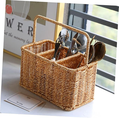 SOLUSTRE Woven Divided Cutlery Storage Basket 8.85X8.66X4.92 Inch Portable Silverware Organizer for Kitchen Countertop and Dining Room Utensil Caddy