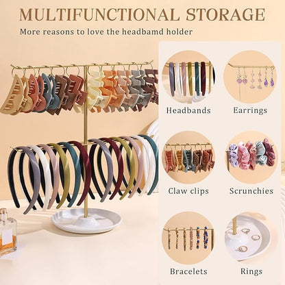 Metal Headband Holder Organizer, 2-Tier Headband Storage with Tray, Hairband Display Stand with 10 Golden Rings, Hair Accessories Claw Clip Organizer for Women and Girls