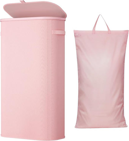 Lifewit Slim Laundry Basket with Lid, Narrow Large Laundry Hamper with Plastic Handles and Removable Bag, Tall Foldable Dirty Clothes Hampers for Laundry Room, Bedroom, Bathroom, Dorm, 75L Pink
