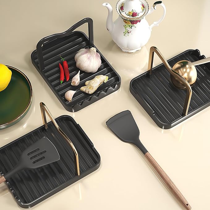 Stainless Steel Pot Lid Holder - Kitchen Organizer & Utensil Storage Rack with Detachable Drain Tray, Non-Slip Anti-Rust Countertop Space Saver for Spoons, Spatulas, Ladles, Tongs, Black Gold