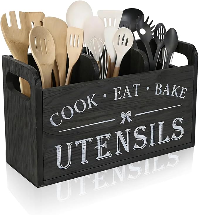 Wooden Kitchen Utensil Holder for Counter, 3 Compartments Utensil Caddy for Knife Spoon Fork Cooking Spatula, Rustic Silverware Organizer for Countertop Flatware Cutlery Storage, Farmhouse Decor
