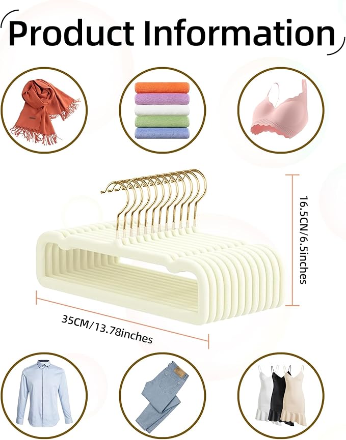 Velvet Pant Hangers, 20pcs Heavy Duty Felt Trouser Hangers for Women and Men, 35cm(L) Slim Adult Clothes Hanger with 360° Swivel Hook, Flocked Jean Hangers for Shorts, Dress (White-Golden)