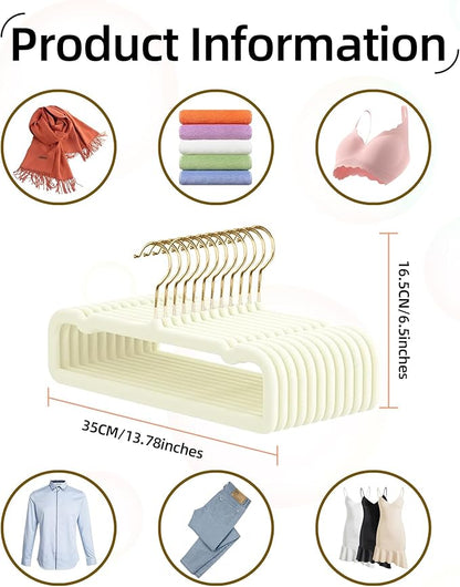 Velvet Pant Hangers, 20pcs Heavy Duty Felt Trouser Hangers for Women and Men, 35cm(L) Slim Adult Clothes Hanger with 360° Swivel Hook, Flocked Jean Hangers for Shorts, Dress (White-Golden)