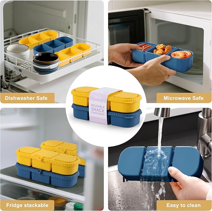 2 Pack Silicone Snack Containers, 3-Compartment Snackle Box with Leak Proof Lids, Reusable Small Divided Food Storage for Kids Lunch, School Travel Adults