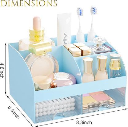 Makeup Organizer with 2 Drawers, Cosmetic Storage for Dresser Vanity and Bathroom Countertop,Make up organization and Skincare Storage with Beauty Brush Holder, Cosmetic Display Case (Blue)