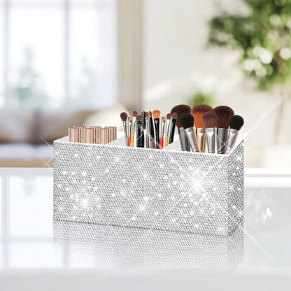 Bling Makeup Brush Holder Organizer, 3 Slot Sparkle Cosmetics Brushes Storage Holders with Shiny Rhinestones, Glitter Cute Pen and Pencil Holder for Desk, Eyeliners Display Case for Vanity（White）