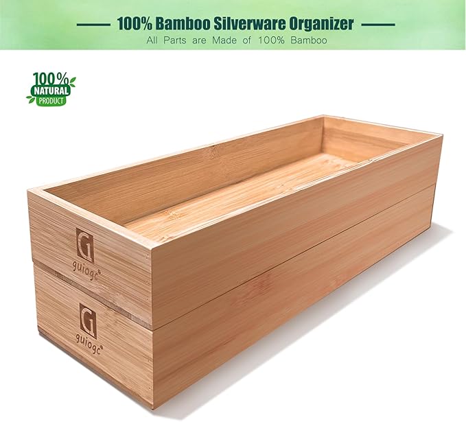 guiogc Set of 2 Bamboo Drawer Organizer, Stackable Utensil Organizer for Kitchen, Bamboo Storage Box Wood Silverware Tray for Drawer