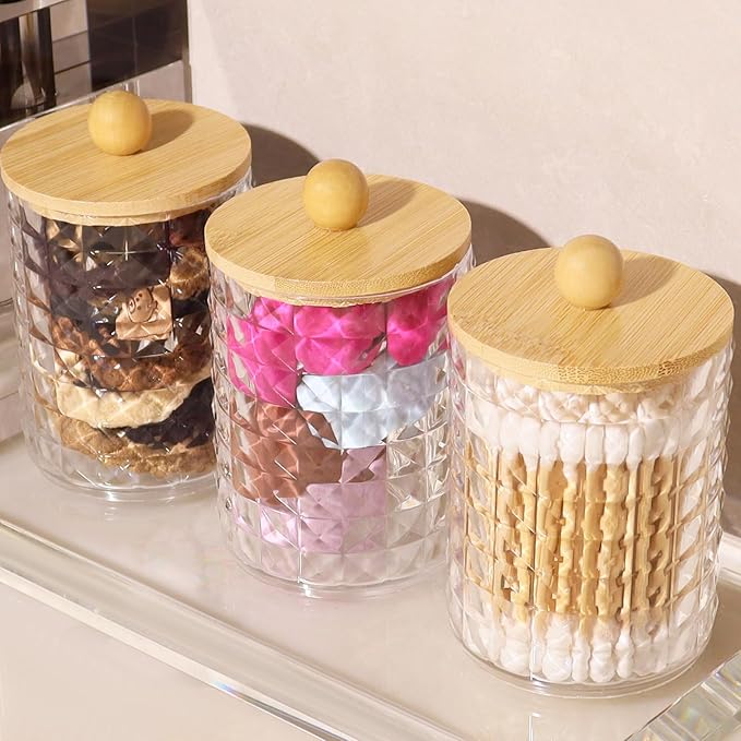 DAPOWER 2 Pack Qtip Holder Bathroom Storage Canister for Cotton Ball Cotton Swab Pads Floss, Small Plastic Jars with Lids (Clear & Bamboo Lid, 2 Pack)