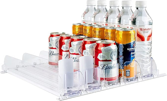 Automatic Soda Can Dispenser for Refrigerator – 5-Row Drink Organizer Holds 25 Cans, Spring-Loaded Pusher, Fits 12oz/16oz/20oz Bottles, No-Tool Assembly
