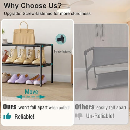 HITHIM 2 Tier Long Shoe Rack for Closet, Screw Fastened Plastic Connector Shoe Storage Organizer, Non-Woven Fabric Metal Shoe Shelf, Holds 18-21 Pairs for Front Door Entrance, 48.5"x12.1"x17.8"