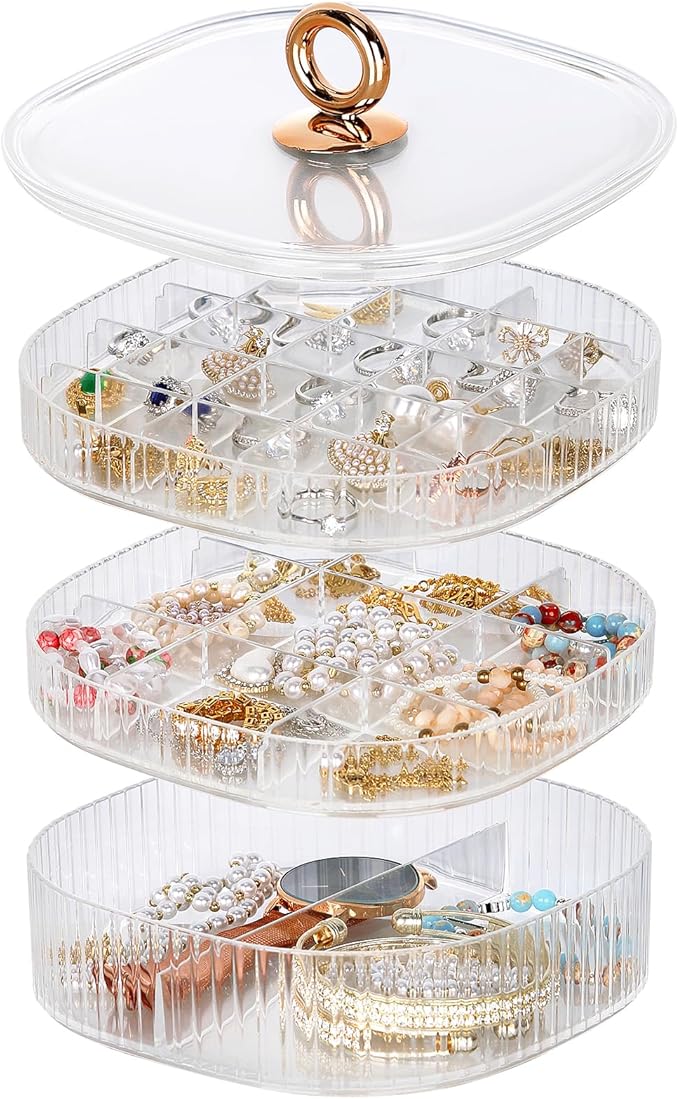 LETURE 3-Layer Acrylic Jewelry Organizer Box for Stud Earrings, Rings, Necklaces, Bracelets, Claw Clip Organizer, Small Bead Storage Containers for Crafts (Clear)