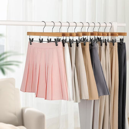 TOPIA HANGER Pants Hangers 20 Pack, Bamboo Clothes Hangers with Black Clips and Rotatable Hook, Durable Natural Wooden Hangers for Skirts, Pants, Jeans, Shorts - CTS06