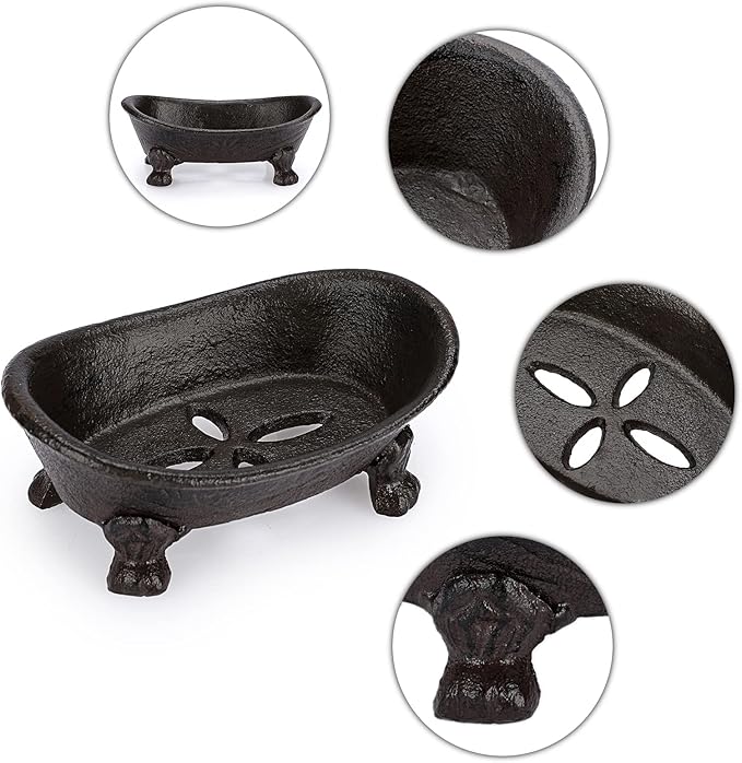 Sumnacon Cast Iron Bathtub Soap Dish - Heavy Duty Vintage Metal Drainable Sponge Soap Tray Bar, Rustic Iron Soap Sponge Holder for Bathroom Shower Bathtub Kitchen Sink Countertop, Brown