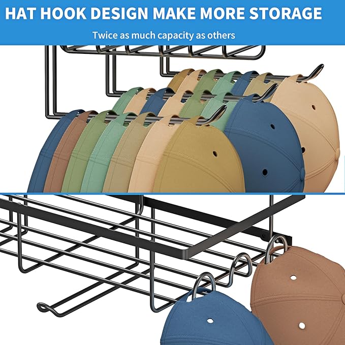 2 Packs Wall Hat Organizers with Multiple Hooks, Metal Hat Racks for Baseball Caps, Hat Storage Holders Up to 72 Caps for Closet, Entryway,Black