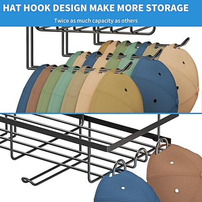 2 Packs Wall Hat Organizers with Multiple Hooks, Metal Hat Racks for Baseball Caps, Hat Storage Holders Up to 72 Caps for Closet, Entryway,Black