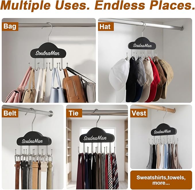 Belt Organizer, 2 PCS Belt Hanger for Closet, Tie Organizer for Men, Rotatable Sturdy Shirt Hangers with 8 Hooks, Tie Rack for Belt, Bra, Tank Top, Hat, Purse, Black