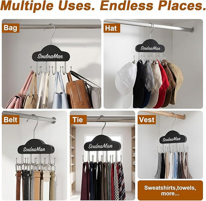 Belt Organizer, 2 PCS Belt Hanger for Closet, Tie Organizer for Men, Rotatable Sturdy Shirt Hangers with 8 Hooks, Tie Rack for Belt, Bra, Tank Top, Hat, Purse, Black