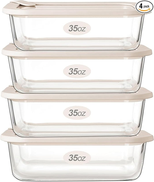 Urban Green Glass Food Storage Containers with Glass Lids, Microwave Safe Food Container Set, Airtight Food Container Set, LeakProof, 100% Plastic Free, White Color, 4pack