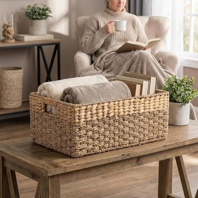 Large Wicker Storage Baskets with Handles, Natural Seagrass and Hyacinth Woven Storage Basket for Organizing Shelves, Closet, Pantry, Living Room, 17 x 11 x 7.5 Inches