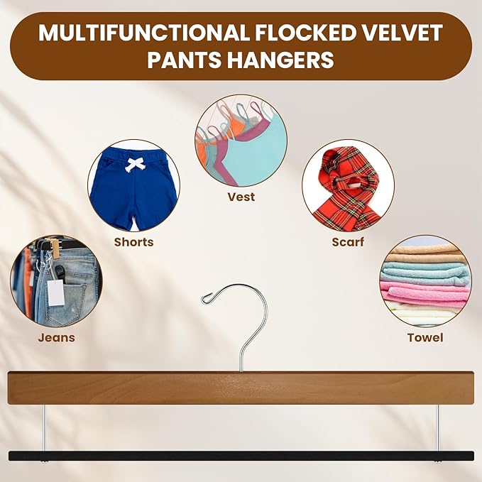Chunful 30 Pack Wooden Velvet Pants Hangers - 16 Inch Non Slip Wood Pants Hangers with 360 Degree Swivel Hook Heavy Duty Space Saving for Jeans, Shorts & Dresses (Brown)