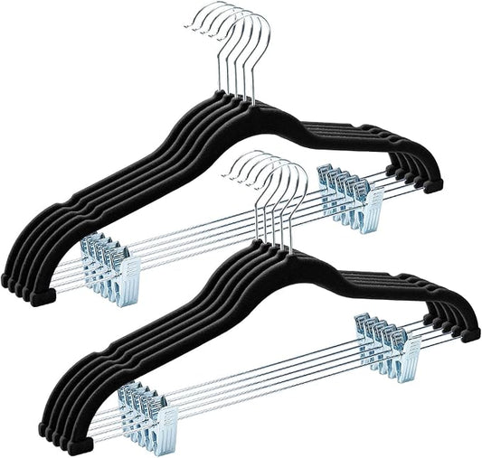 HOUSE DAY Velvet Hangers with Adjustable Clips 10 Pack, Non-Slip Suit Organizer with 360° Hook - Heavy Duty Hanger for Pants, Skirts, Blouses, Dresses - Outfit Hangers All-Season Space Saver (Black)