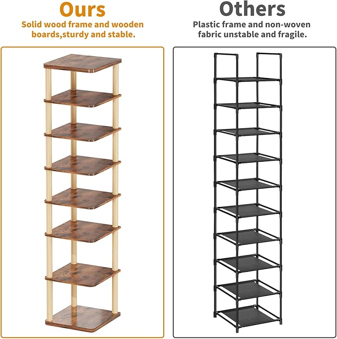 LUCKNOCK Vertical Shoe Rack, 8-Tier Tall Narrow Shoe Organizer for Entryway, Closet, Dorm & Small Spaces, Freestanding Wooden Shoe Shelf Tower for Boots, Sneakers, Heels. (Rustic Brown)