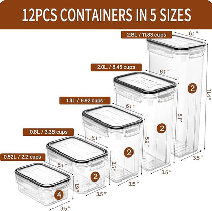 PRAKI Airtight Food Storage Containers with Lids, 12PCS Plastic Kitchen Storage Containers for Pantry Organizers and Storage - Cereal, Rice, Flour and Sugar Containers with Labels & Marker