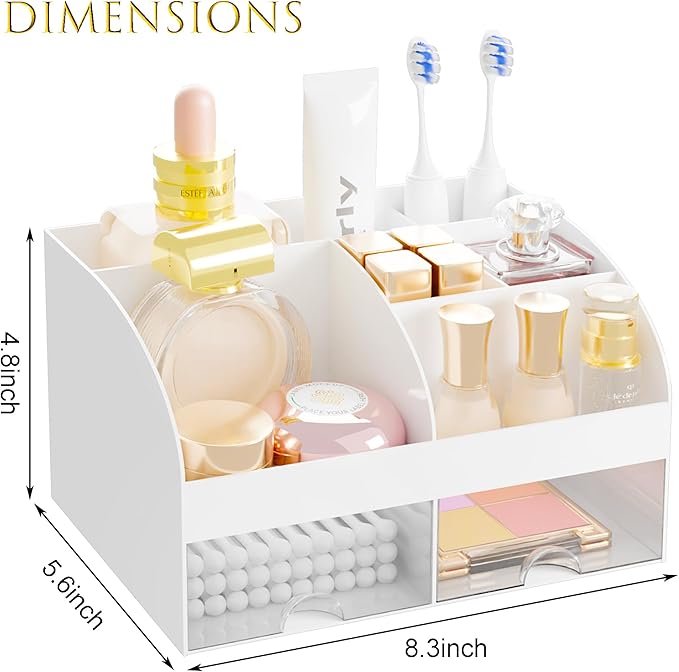 Makeup Organizer with 2 Drawers, Cosmetic Storage for Dresser Vanity and Bathroom Countertop,Make up organization and Skincare Storage with Beauty Brush Holder, Cosmetic Display Case (White)