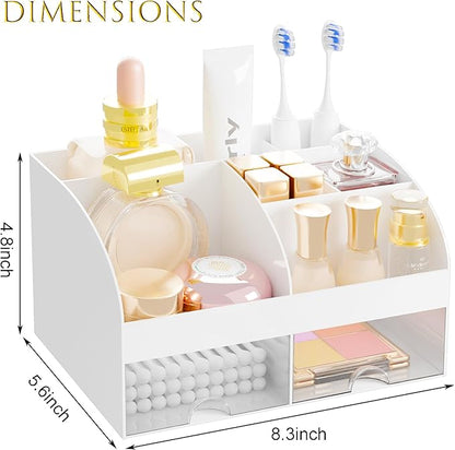 Makeup Organizer with 2 Drawers, Cosmetic Storage for Dresser Vanity and Bathroom Countertop,Make up organization and Skincare Storage with Beauty Brush Holder, Cosmetic Display Case (White)