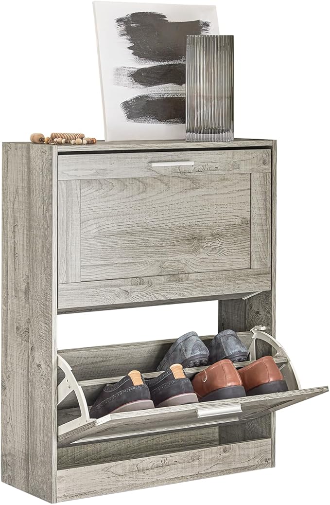 SoBuy Shoe Storage Cabinet Entryway, Slim Shoe Rack Freestanding, Narrow Shoe Organizer 2 Flip-Drawers Shoe Cupboard for Mudroom Front Door Entrance Hallway Bedroom, FSR137-HG (Grey)