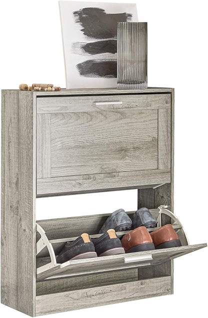 SoBuy Shoe Storage Cabinet Entryway, Slim Shoe Rack Freestanding, Narrow Shoe Organizer 2 Flip-Drawers Shoe Cupboard for Mudroom Front Door Entrance Hallway Bedroom, FSR137-HG (Grey)