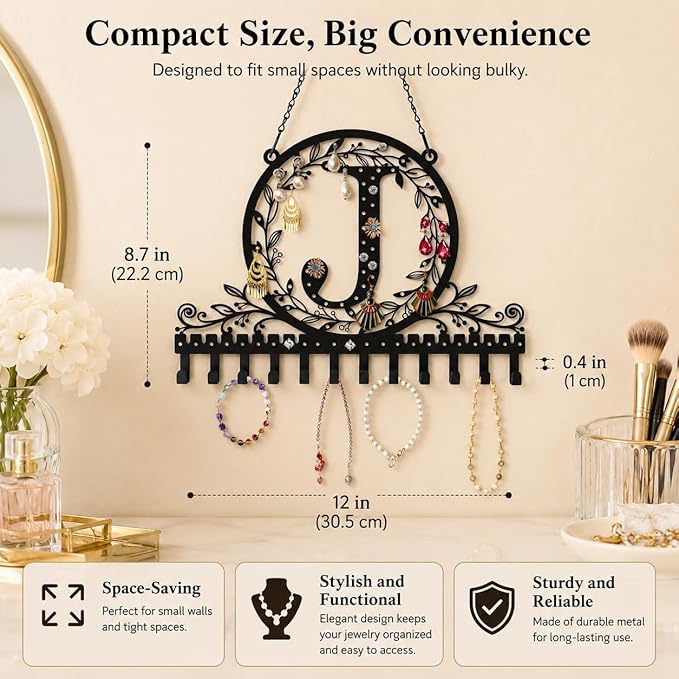 Wall-Mounted Metal Initial Letter J Earring Holder Hanging Jewelry Organizer for Earrings and Necklaces Space-Saving Wall Display with Hooks for Jewelry Storage