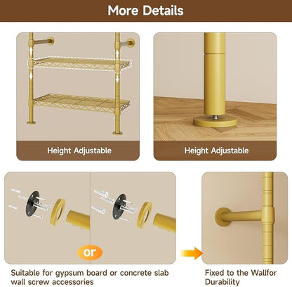 ONBRILL L4 Wall Mounted Industrial Pipe Clothing Rack, Closet Organizer System with 6 Hanging Clothes Rods ( 4 Expandable Rods) & 8 Shelves, Heavy Duty Corner Garment Rack, Large Wardrobe - Gold