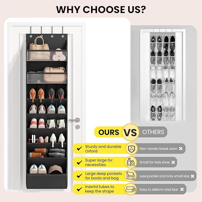 Multi 8 Shelves Over The Door Shoe Organizer, Hanging Shoe Holder with Deep Pockets, Narrow Shoe Rack for Boots Storage, Over Door Organizer for Home, Apartment, Daily Necessities