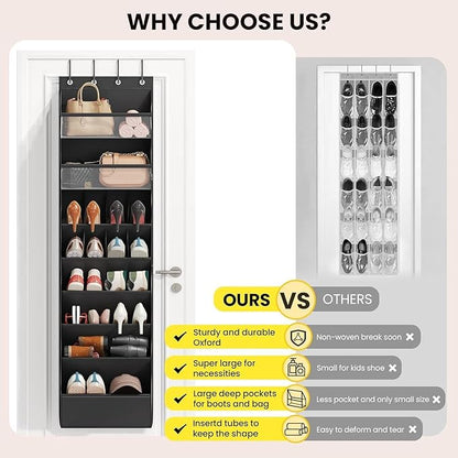 Multi 8 Shelves Over The Door Shoe Organizer, Hanging Shoe Holder with Deep Pockets, Narrow Shoe Rack for Boots Storage, Over Door Organizer for Home, Apartment, Daily Necessities