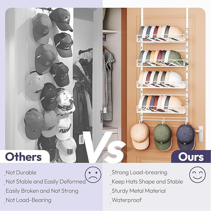 SWTYMIKI Over Door Hat Organizer - 5 Tier Wall Mounted Hat Rack with 4 Adjustable Metal Basket and 3 Hooks, Hanging Baseball Cap Organizer Storage Holds up to 49 Caps for Door, Bedroom, Closet