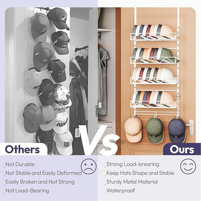 SWTYMIKI Over Door Hat Organizer - 5 Tier Wall Mounted Hat Rack with 4 Adjustable Metal Basket and 3 Hooks, Hanging Baseball Cap Organizer Storage Holds up to 49 Caps for Door, Bedroom, Closet