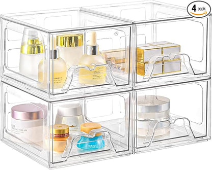 Stebopum 4 Pack Stackable Makeup Organizer, 4.4'' Tall Acrylic Bathroom Makeup Organizer and Storage Drawer with Pull-out Handle, Clear Plastic Storage Bins for Vanity,Pantry,Desk,Undersink,Kitchen