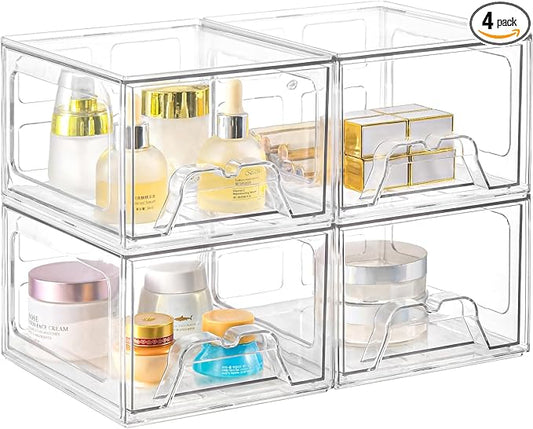 Stebopum 4 Pack Stackable Makeup Organizer, 4.4'' Tall Acrylic Bathroom Makeup Organizer and Storage Drawer with Pull-out Handle, Clear Plastic Storage Bins for Vanity,Pantry,Desk,Undersink,Kitchen