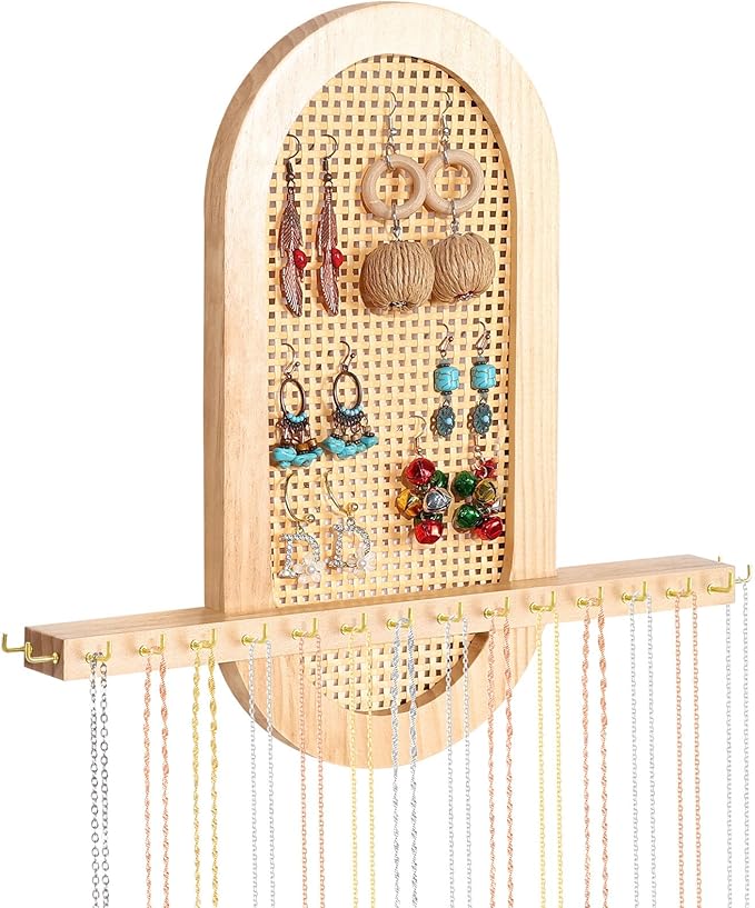 Wall Necklace Holder Hanging Jewelry Organizer whit 18 Hooks Wooden Necklace Organizer, Space-saving Boho Jewelry Display for Necklaces & Earrings Storage