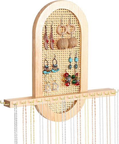 Wall Necklace Holder Hanging Jewelry Organizer whit 18 Hooks Wooden Necklace Organizer, Space-saving Boho Jewelry Display for Necklaces & Earrings Storage
