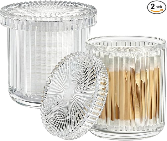2 Pack Ribbed Glass Qtip Holder with Lid, Apothecary Storage Jars, Bathroom Vanity Countertop Organizer for Cotton Swabs, Cotton Balls, Pads, Floss Picks, Hair Ties, Makeup Accessories (Clear)