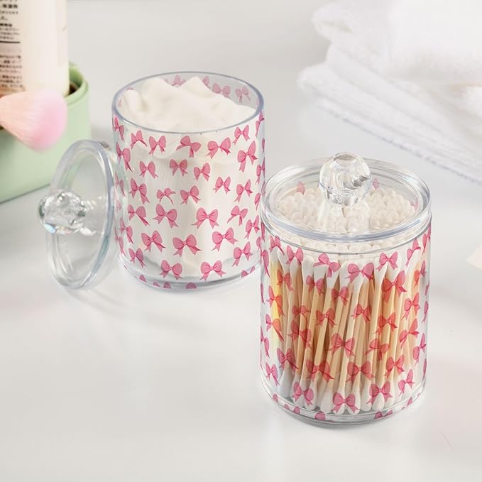ALAZA 4pcs Cute Bow White Qtip Holder Dispenser 14 oz Bathroom Storage Clear Apothecary Jars Containers Cotton Ball,Cotton Rounds,Floss Picks, Hair Clips, Food