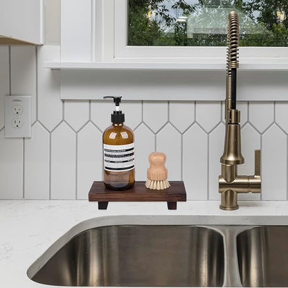 Bathroom Counter Organizer Wood Pedestal Stand Farmhouse Decorative Tray Soap Holder for Kitchen Decor, Small, Dark Brown