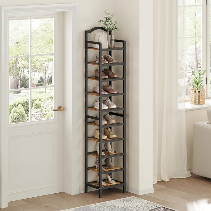 YATINEY 10-Tier Tall Shoe Rack, Vertical Shoe Organizer for Small Spaces, Wooden Shoe Shelf for Entryway, Space Saving Shoe Storage, Holds 10 Pairs of Shoes, Rustic Brown and Black SS50BR