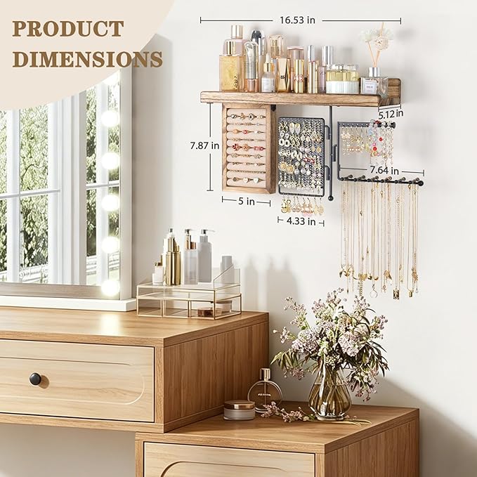SOLIMINTR Hanging Jewelry Organizer Wall Mount with Rustic Wood Shelf, Ring Display Box, Ear Studs Earring Holder, Rotating Necklace Holder Organizer