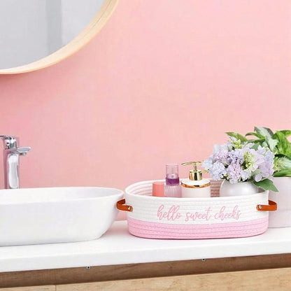 Hello Sweet Cheeks Bathroom Decoration Pink and White Cotton Rope Toilet Basket Toilet Paper Holder Basket Rustic Bathroom Organizer Farmhouse Home Decoration Organizing Small Baskets
