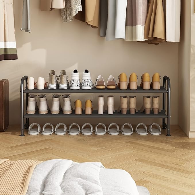INGIORDAR Shoe Rack 2 Tier Long Storage Organizer Wide Metal Shoe Shelf for Closet Entryway Black