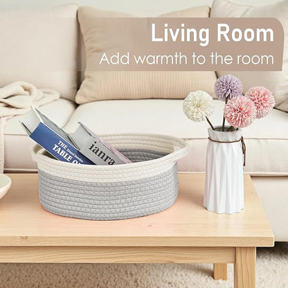 JMvicyroam Woven Basket,Small Rope Storage Bin with Handles & Ribbon Bag, Organizer for Shelves Closets,Gift Basket Empty for Birthday,Books,Dog Toys, White&Grey/2 Pack