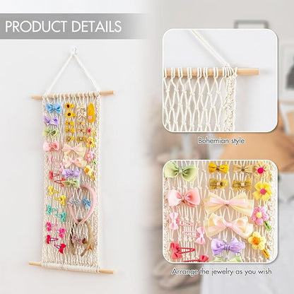 Pretty Jolly Macrame Hair Clips Accessories Organizer Hairbow Holder Rack for Girl Clips Storage Claw Clip Ornaments Keeper for Girls Room Wall Hanging Decor(Beige)